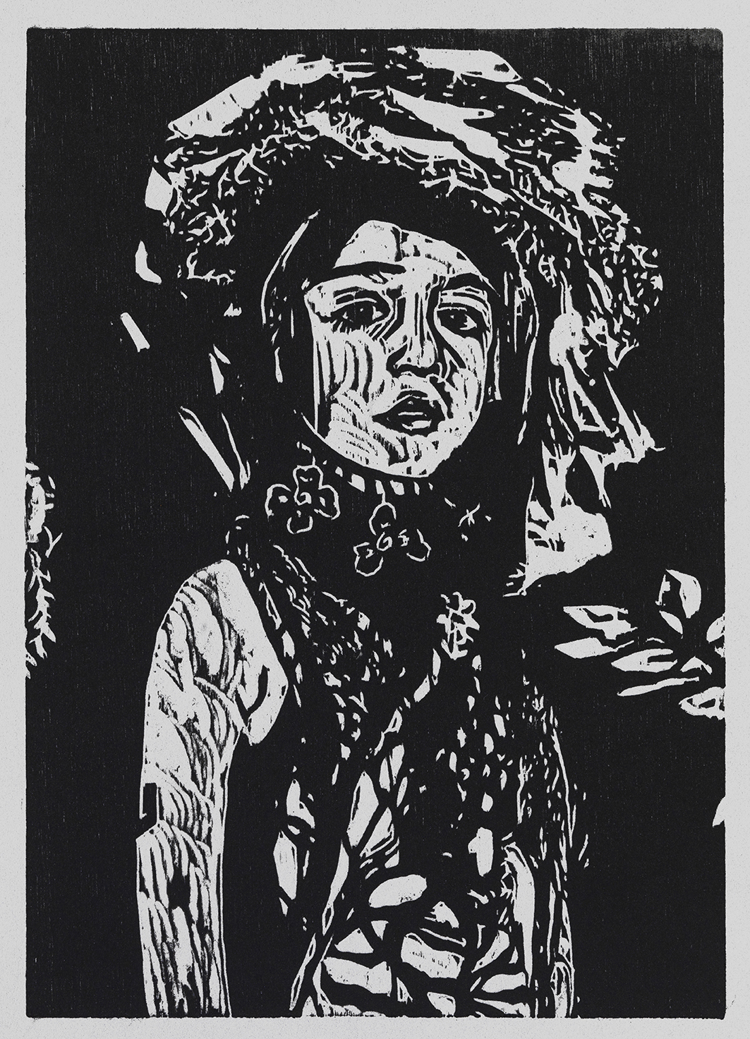 Woodcut print titled 'Girl as Bonaria' from the Atopia series.